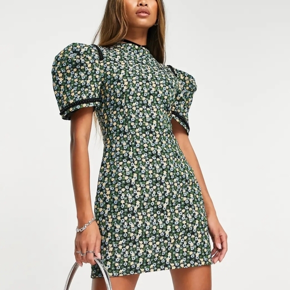 High-Neck Floral Puff-Sleeve Midi Dress in Green and Blue/I Bought It In ASOS - Picture 5 of 6